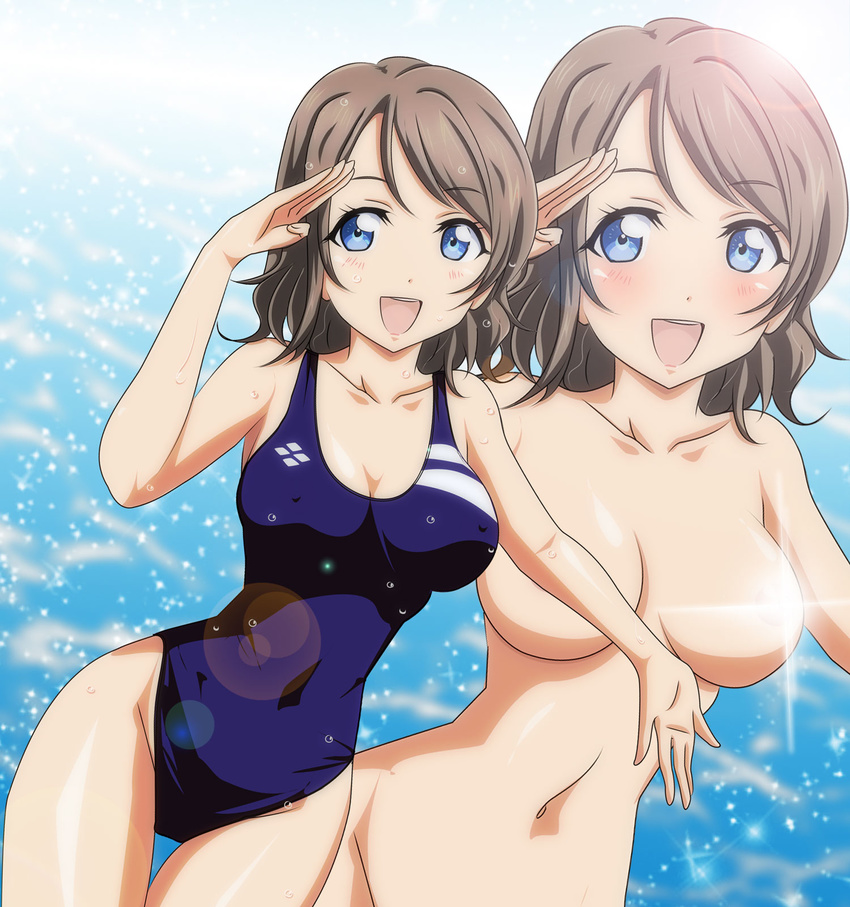 bare_shoulders blue_eyes breasts brown_hair cleavage competition_swimsuit convenient_censoring gentoku highres lens_flare love_live! love_live!_sunshine!! medium_breasts nude one-piece_swimsuit open_mouth salute short_hair smile standing swimsuit watanabe_you zoom_layer