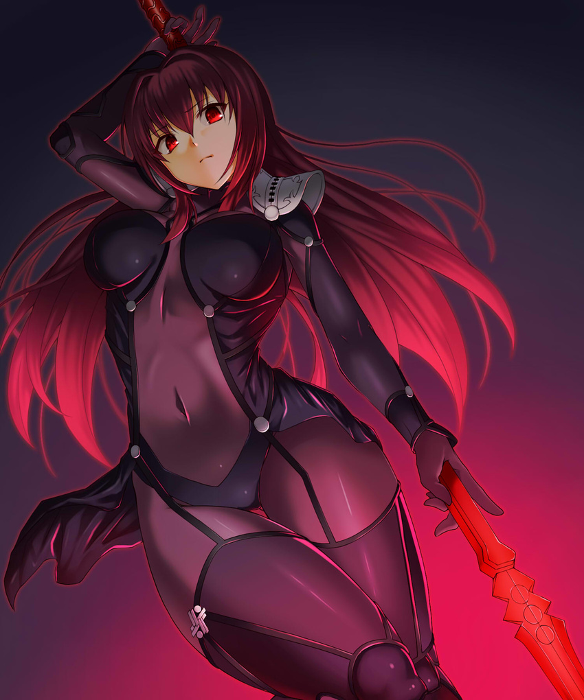 bodysuit breasts covered_navel emanon123 fate/grand_order fate_(series) gae_bolg highres large_breasts long_hair pauldrons polearm purple_bodysuit red_eyes red_hair scathach_(fate)_(all) scathach_(fate/grand_order) skin_tight solo spear weapon
