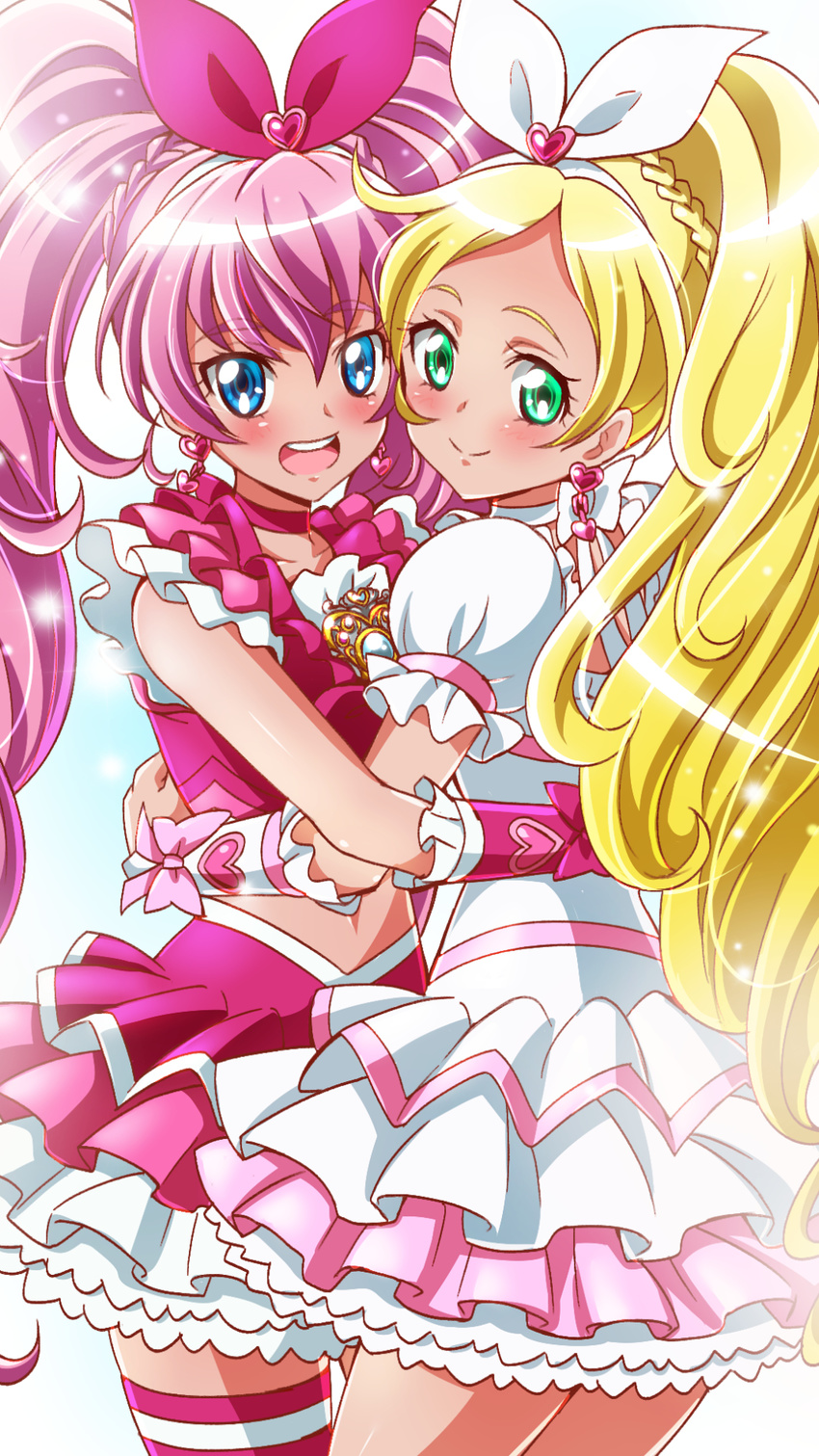 bad_id bad_pixiv_id blonde_hair blue_eyes blush bow choker cowboy_shot cure_melody cure_rhythm earrings frilled_skirt frills green_eyes hair_bow heart heart_earrings highres houjou_hibiki hug jewelry long_hair magical_girl minamino_kanade multiple_girls pink_bow pink_choker pink_hair pink_legwear pink_skirt precure sharumon skirt smile suite_precure thighhighs twintails white_background white_bow white_choker white_skirt wrist_cuffs