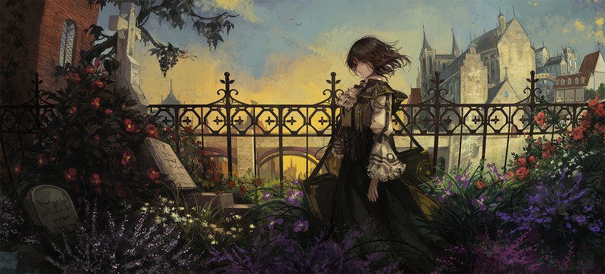 animal arch arms_at_sides ascot bad_id bad_pixiv_id bangs bird black_eyes black_hair black_skirt bodice brick_wall building camellia case church cloud cravat cross fence floating_hair flower frills from_side garden graveyard holding iris_(flower) ironwork lily_fairy long_sleeves looking_to_the_side original outdoors plant red_flower red_rose rose scenery short_hair skirt sky solo spire standing tombstone town wide_sleeves wind window