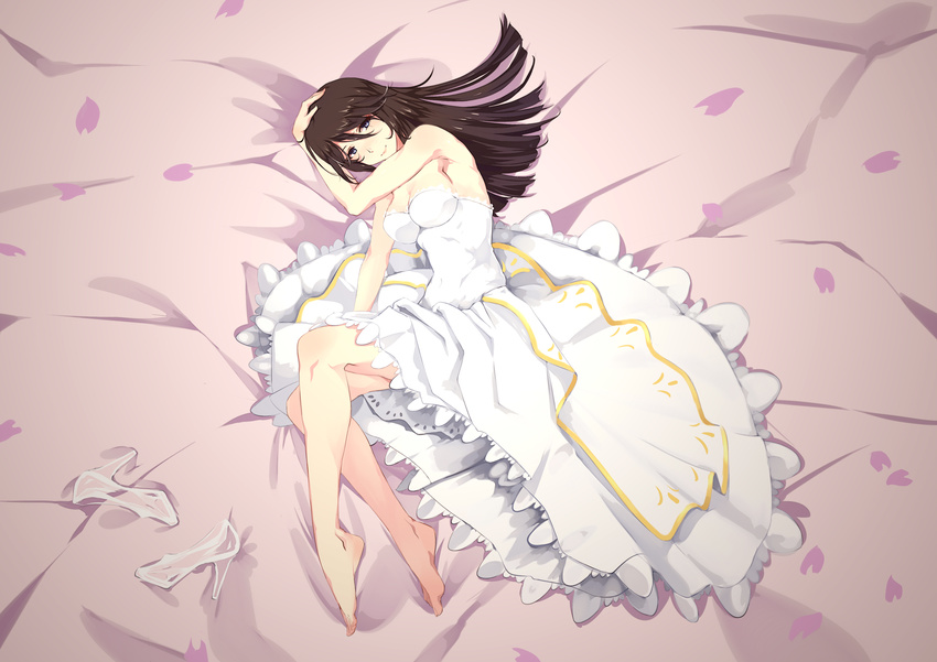 absurdres armpits bare_shoulders barefoot blue_eyes breasts brown_hair cleavage dress glass_slipper grandgua highres large_breasts legs long_hair lying on_side petals shoes_removed smile solo toe-point wedding_dress