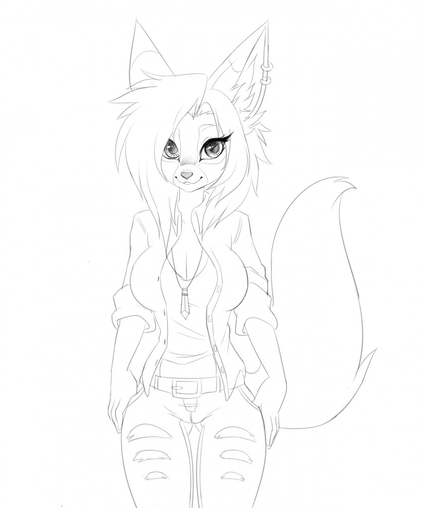 2015 accessories angelina_marie anthro canine cleavage clothed clothing ear_piercing female looking_at_viewer mammal monochrome necklace piercing sif sketch solo thigh_gap wolf