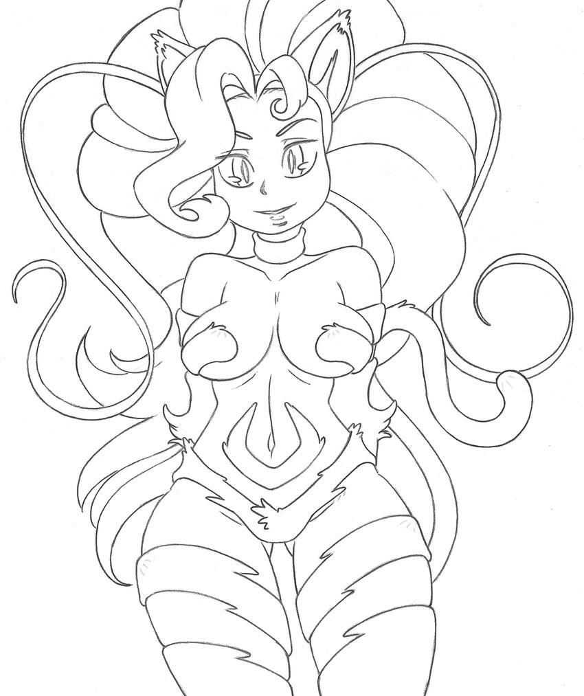 2015 animal_humanoid big-e6 black_and_white breasts cat_humanoid darkstalkers felicia_(darkstalkers) feline female humanoid looking_at_viewer mammal monochrome navel nude smile solo video_games