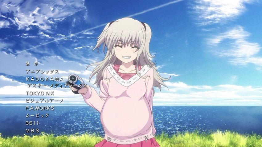 blush breasts camcorder charlotte_(anime) edited non-web_source pregnant screencap smile solo spoilers third-party_edit tomori_nao