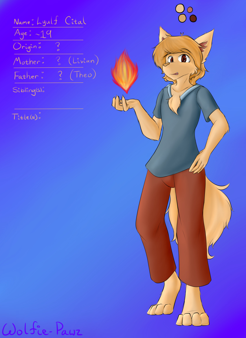 2019 4_toes 5_fingers anthro barefoot biped canine chest_tuft clothed clothing digital_media_(artwork) digitigrade eyebrows fire front_view fully_clothed fur hair hi_res humanoid_hands looking_at_viewer lyulf_cital magic male mammal model_sheet pants shirt signature simple_background solo toes tuft what_the_hart_wants wolf wolfie-pawz