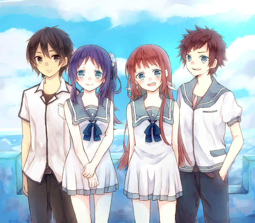 2girls black_hair blue_eyes blue_hair brown_hair dress highres hiradaira_chisaki isaki_kaname kihara_tsumugu long_hair mukaido_manaka multiple_boys multiple_girls nagi_no_asukara rian_(usamin228) sailor_dress sakishima_hikari school_uniform serafuku short_hair side_ponytail standing