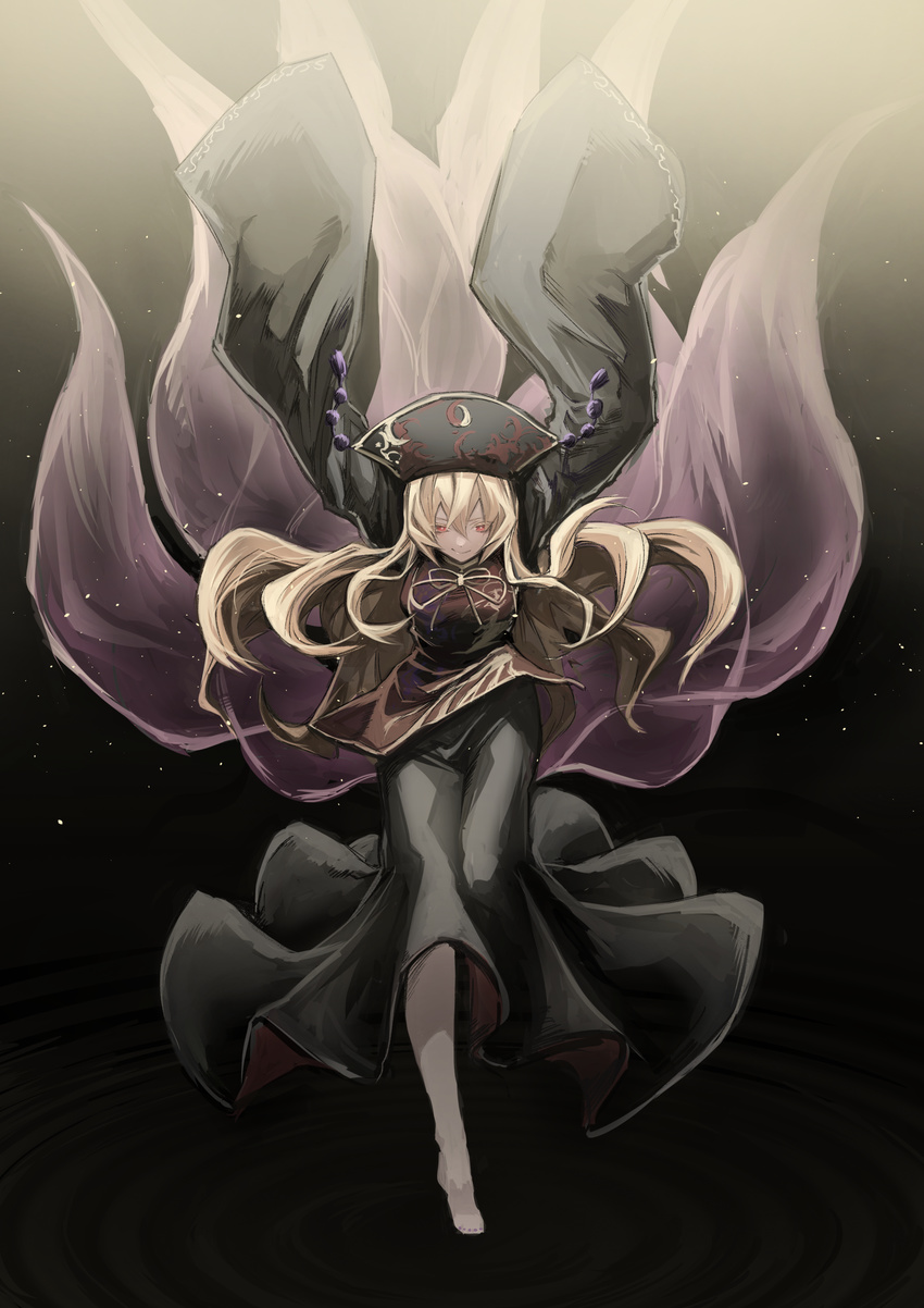 absurdres arms_up black_dress blonde_hair chinese_clothes dress hair_ornament highres junko_(touhou) long_hair long_sleeves mephist-pheles red_eyes sash sleeves_past_wrists solo tabard touhou wide_sleeves