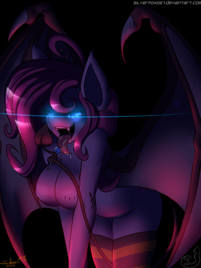 2015 absurd_res anthro anthrofied black_background breasts candy clothing cutie_mark earth_pony equine fangs female food friendship_is_magic fur glowing glowing_eyes hair hi_res horse legwear licking lollipop long_hair mammal my_little_pony nipples pink_hair pinkie_pie_(mlp) pony saliva silverfox057 simple_background smile solo striped_legwear stripes succubus teeth tongue tongue_out wings