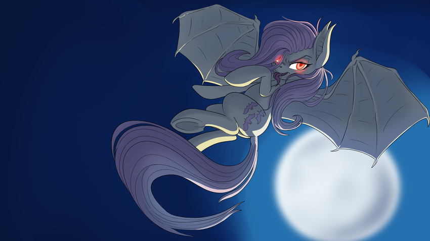 16:9 2015 bat_pony cutie_mark equine fangs female feral flutterbat_(mlp) fluttershy_(mlp) friendship_is_magic full_moon glowing glowing_eyes hair hi_res hooves long_hair looking_at_viewer mammal moon my_little_pony outside pusspuss solo tongue tongue_out underhoof wallpaper wings