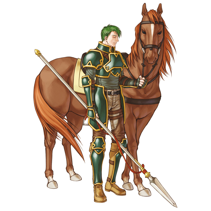 armor closed_eyes fire_emblem fire_emblem:_souen_no_kiseki green_hair highres holding holding_weapon horse kita_senri male_focus official_art oscar polearm shoulder_armor simple_background solo spaulders spear weapon white_background