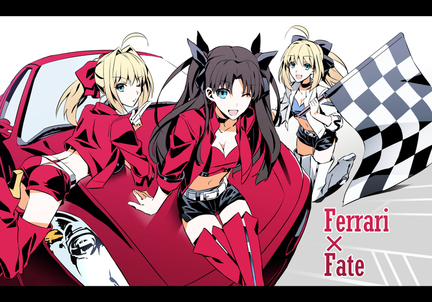 ;d ahoge artoria_pendragon_(all) belt black_hair blonde_hair blue_eyes bow checkered checkered_flag fate/extra fate/stay_night fate_(series) ferrari flag green_eyes hair_bow jacket kon_manatsu md5_mismatch midriff multiple_girls navel nero_claudius_(fate) nero_claudius_(fate)_(all) one_eye_closed open_mouth ponytail race_queen saber shorts smile thighhighs toosaka_rin two_side_up