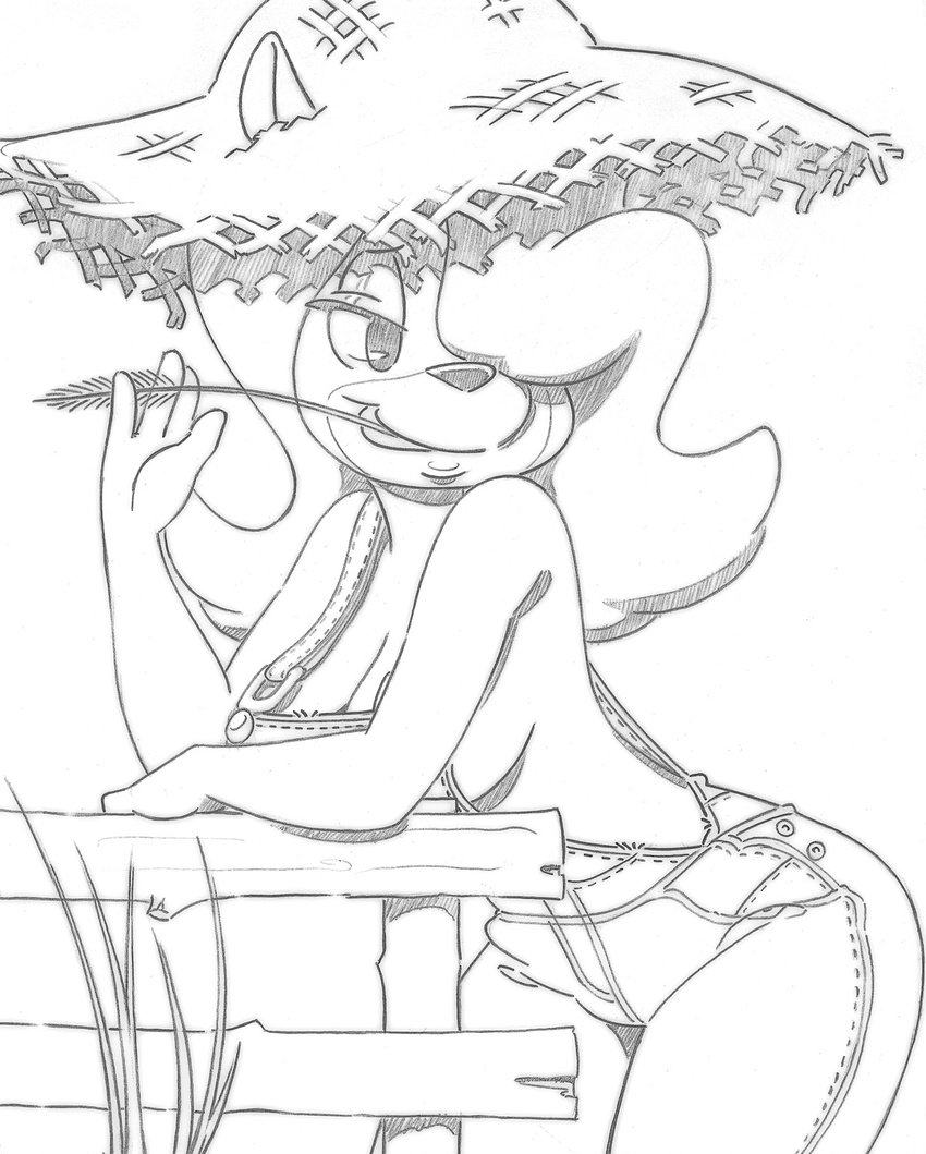 anthro bandicoot big-e6 breasts cleavage clothed clothing crash_bandicoot_(series) female greyscale hair hair_over_eye mammal marsupial monochrome overalls solo straw_hat tawna_bandicoot video_games