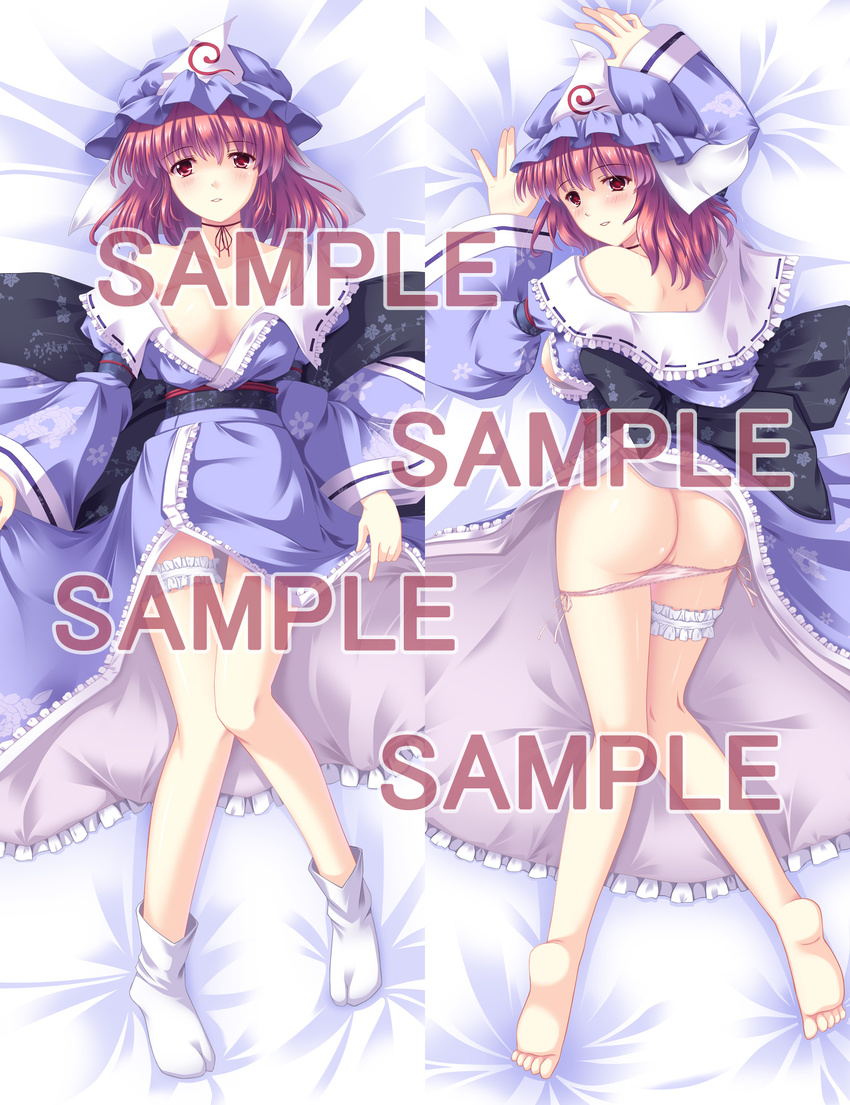 ass bad_id bad_pixiv_id barefoot breasts cleavage dakimakura feet hat highres lying medium_breasts multiple_views nagatsuki_towa pink_hair red_eyes saigyouji_yuyuko sample short_hair tabi touhou