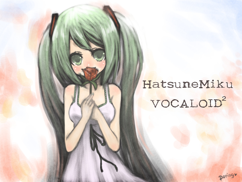 aqua_eyes aqua_hair bad_id bad_pixiv_id dress flower hatsune_miku highres long_hair miyamae_porin rose solo twintails vocaloid