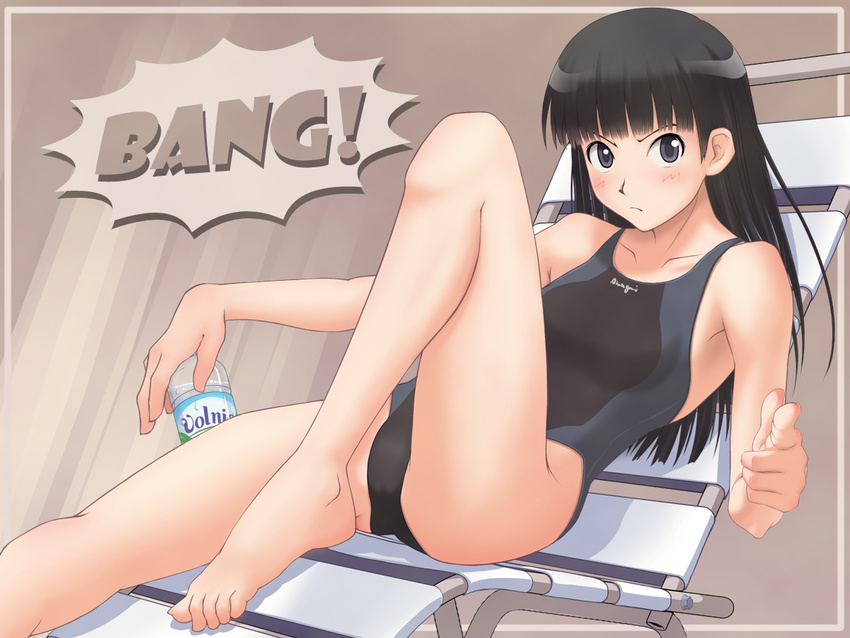 amagami argon armpits ayatsuji_tsukasa bad_id bad_pixiv_id bang barefoot black_eyes black_hair bottle chair competition_swimsuit drink feet finger_gun flat_chest foreshortening hands long_hair lounge_chair one-piece_swimsuit pointing solo swimsuit