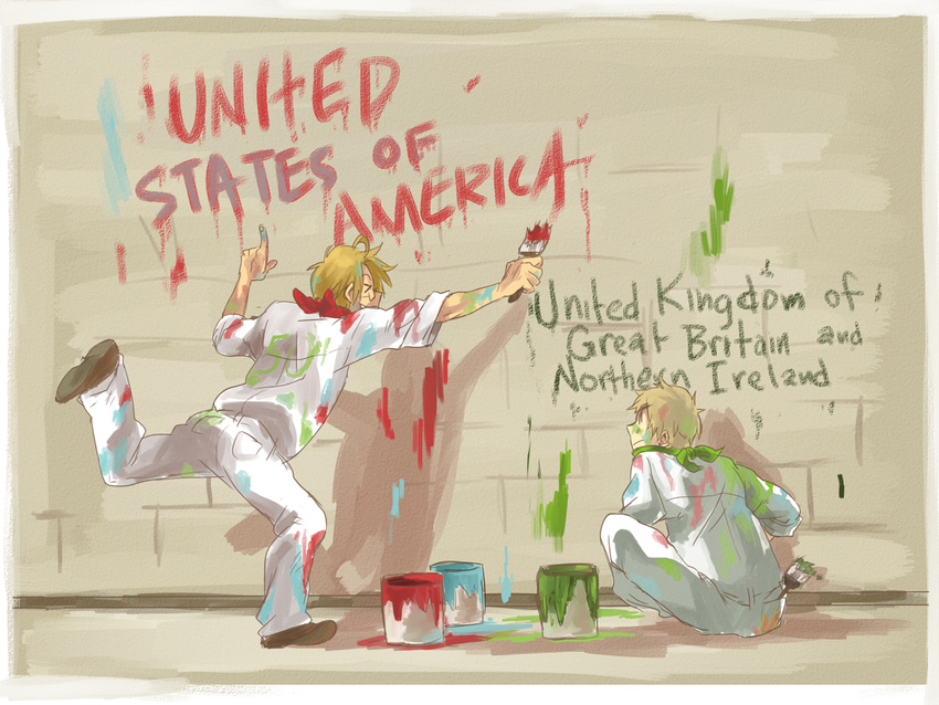 &gt;_&lt; :d america america_(hetalia) axis_powers_hetalia bad_id bad_pixiv_id blonde_hair brown_footwear closed_eyes faceless faceless_male full_body glasses green_scarf index_finger_raised leg_up male_focus multiple_boys open_mouth paint paint_can paintbrush pants red_scarf rimless_eyewear scarf shoes short_sleeves sitting smile standing standing_on_one_leg tehryu united_kingdom_(hetalia) wall white_pants