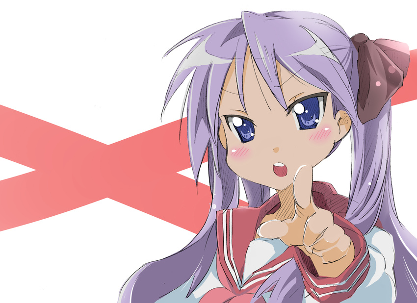 bad_id bad_pixiv_id blue_eyes foreshortening frown hair_ribbon hands highres hiiragi_kagami kirisawa_saki long_hair lucky_star pink_neckwear pointing purple_hair ribbon ryouou_school_uniform school_uniform serafuku sketch solo tsurime twintails