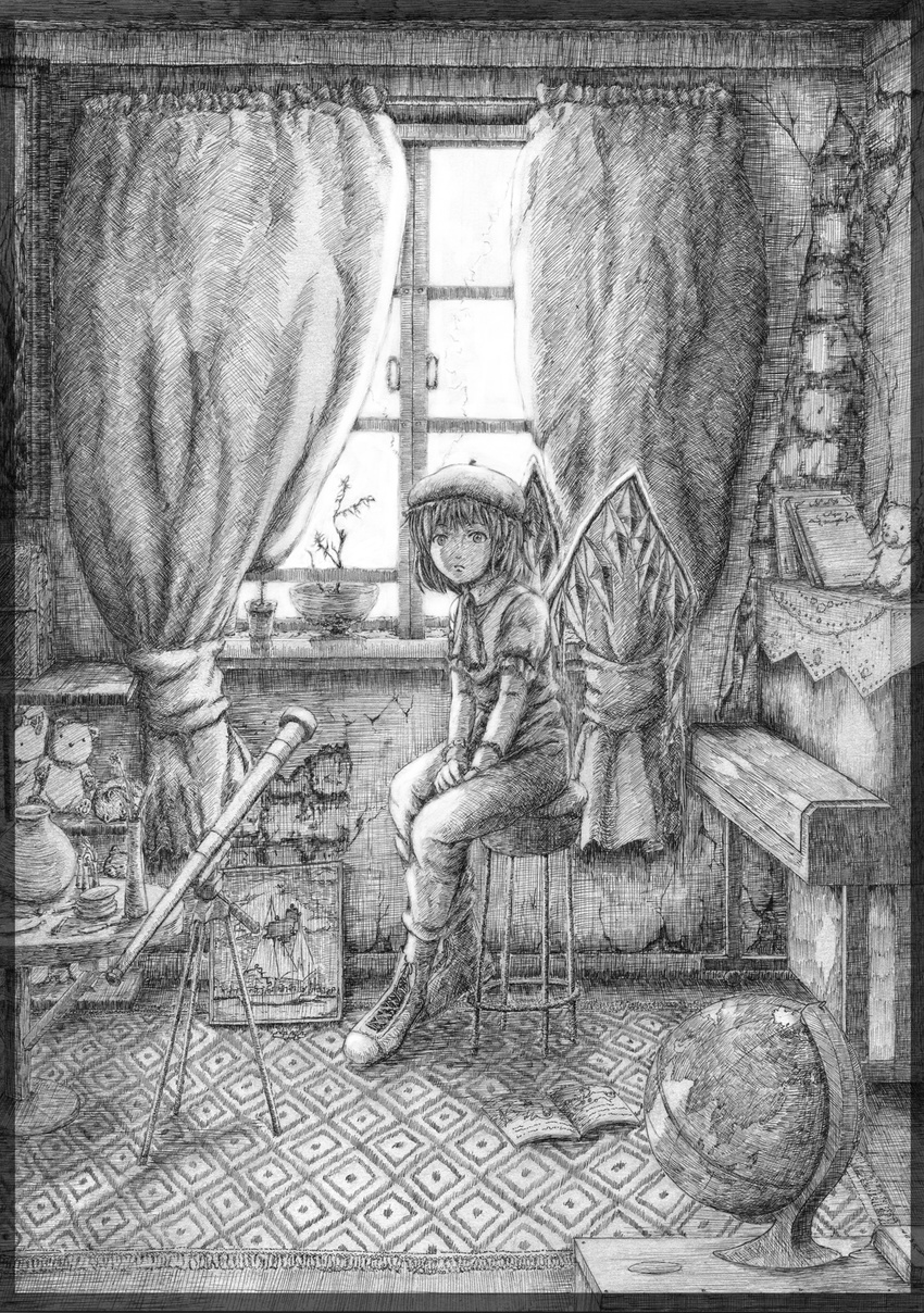 bad_id bad_pixiv_id crack curtains flandre_scarlet globe greyscale highres instrument kakuzou monochrome nib_pen_(medium) piano sitting solo stool stuffed_animal stuffed_toy teddy_bear telescope touhou traditional_media upright_piano window