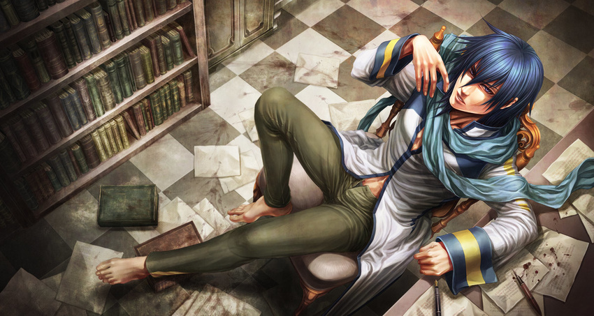 album_cover barefoot blue_eyes blue_hair blue_scarf book bookshelf chair checkered checkered_floor cover fountain_pen from_above indoors kaito looking_at_viewer male_focus navel open_pants pants paper pen scarf sitting solo table ujuju vocaloid