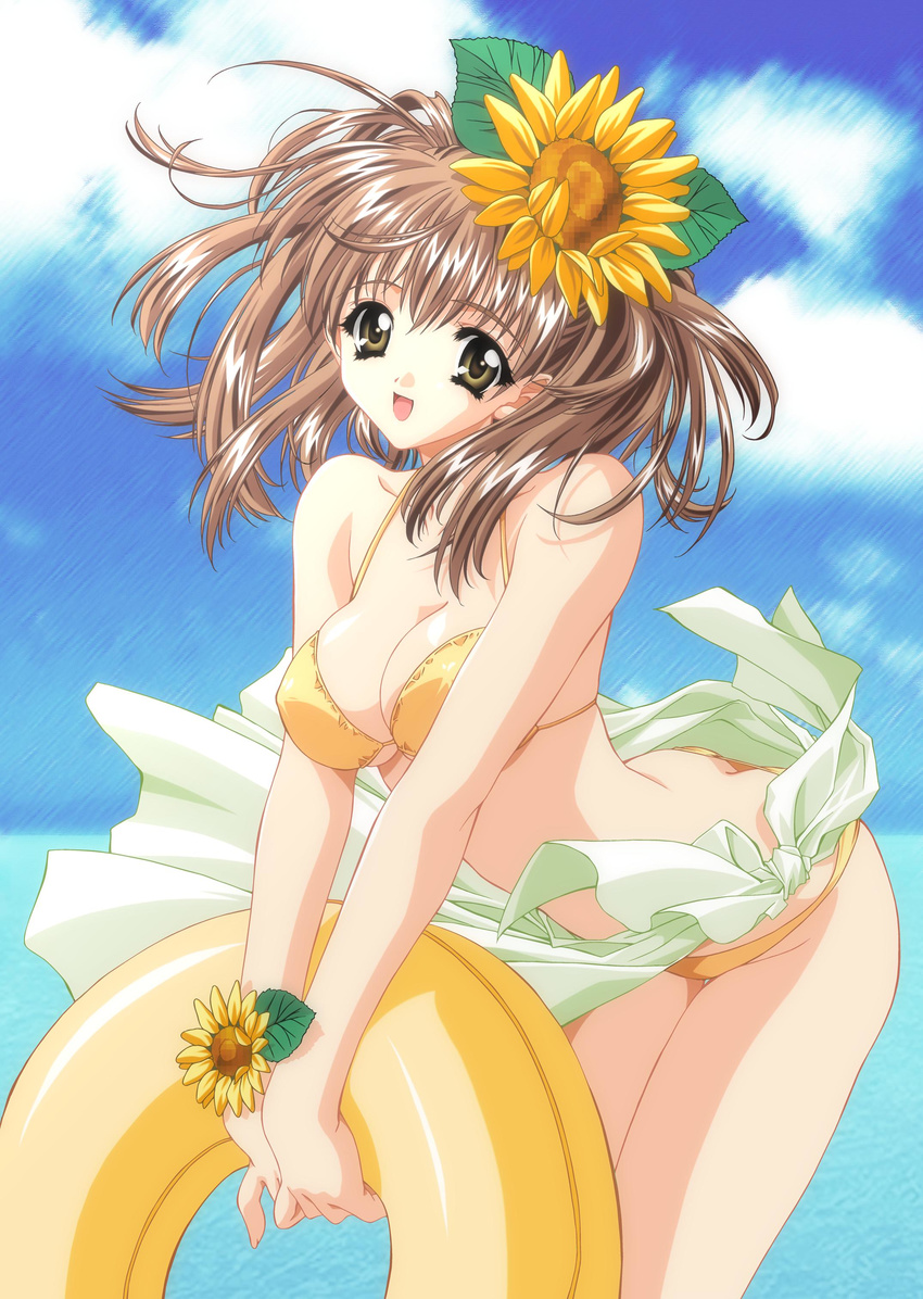 absurdres bikini brown_hair carnelian copyright_request day flower green_sarong highres innertube leaning_forward sarong scan short_hair smile solo sunflower swimsuit wind wind_lift