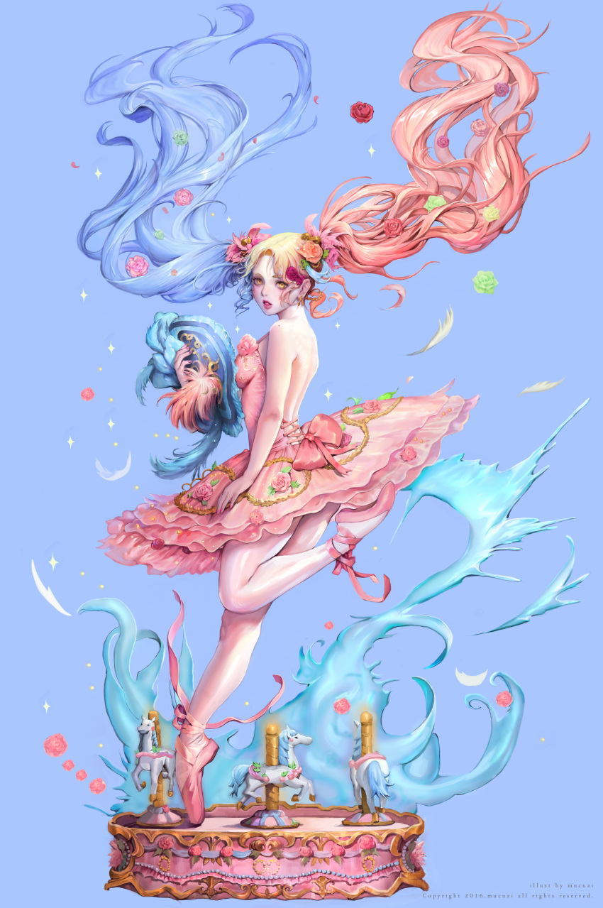 1girl absurdres artist_name backless_dress backless_outfit ballet_slippers blonde_hair blue_background blue_hair blush bow breasts carousel dated dress dress_bow dress_flower fan fantasy flower hair_flower hair_ornament highres long_hair looking_at_viewer mucuzi multicolored_hair pantyhose parted_lips pink_bow pink_dress pink_footwear pink_hair simple_background small_breasts standing standing_on_one_leg tiptoes twintails watermark white_legwear yellow_eyes