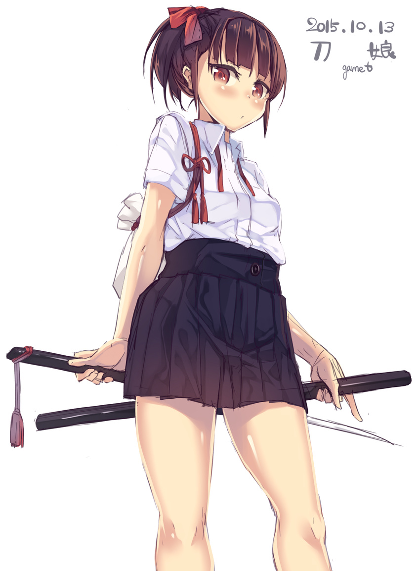 brown_eyes brown_hair dated garnet highres katana original short_hair solo sword weapon