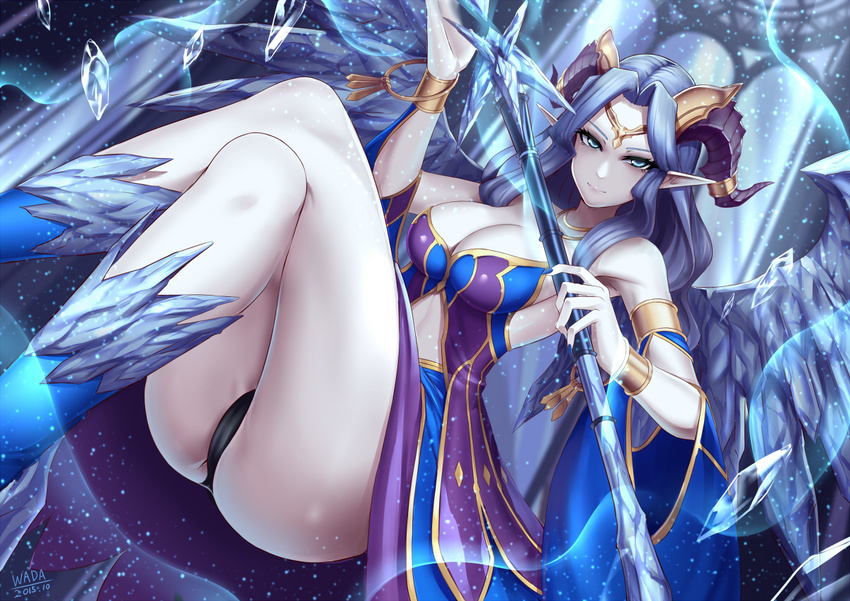 arm_cuffs bad_id bad_pixiv_id bangs black_panties blue_eyes blue_hair bracelet breasts cleavage crossed_legs holding holding_weapon horns ice indigo_(p&amp;d) jewelry large_breasts long_hair looking_at_viewer panties parted_bangs pointy_ears puzzle_&amp;_dragons ring_necklace sleeveless smile solo underwear wand weapon wings wrist_cuffs zeroshiki_kouichi
