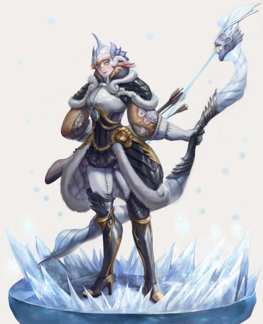 absurdres androgynous armor arrow blue_eyes boots bow_(weapon) full_body fur_trim gloves greaves helmet high_heel_boots high_heels highres ice looking_at_viewer mucuzi pants pointy_ears quiver simple_background solo standing weapon white_gloves white_pants