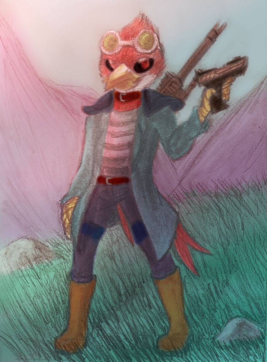 2015 anthro assault_rifle avian avian_(starbound) beak belt bird boots claws clothed clothing collar eyewear feathers footwear fur goggles grass gun handgun holding_weapon jacket looking_at_viewer maladash male mountain none outside pistol ranged_weapon red_eyes red_feathers rifle rock shoulder_pads sky smile solo starbound talons traditional_artwork video_games weapon