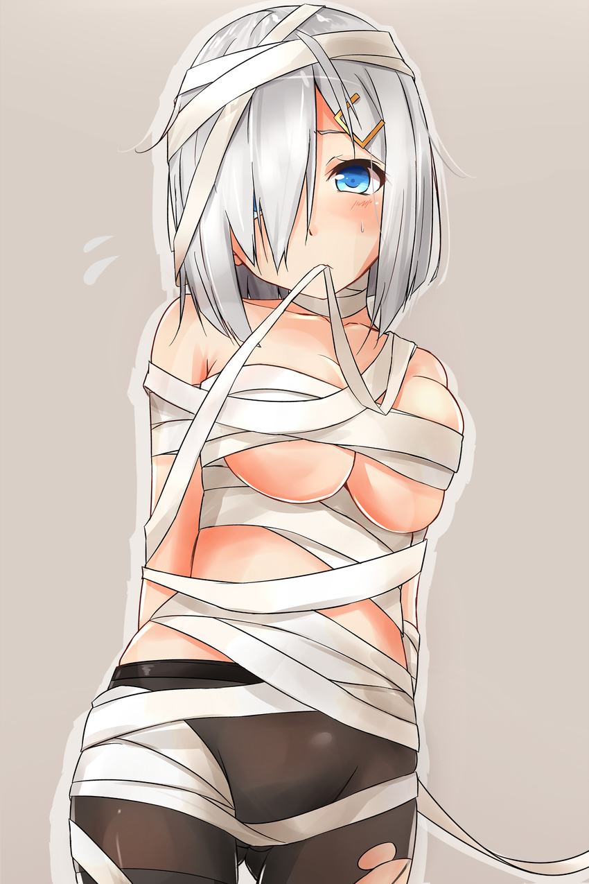 absurdres bandages bare_shoulders blue_eyes breasts hair_ornament hair_over_one_eye hairclip halloween hamakaze_(kantai_collection) highres kantai_collection looking_at_viewer medium_breasts mouth_hold no_shirt pantyhose saku_(kudrove) short_hair silver_hair solo torn_clothes torn_legwear