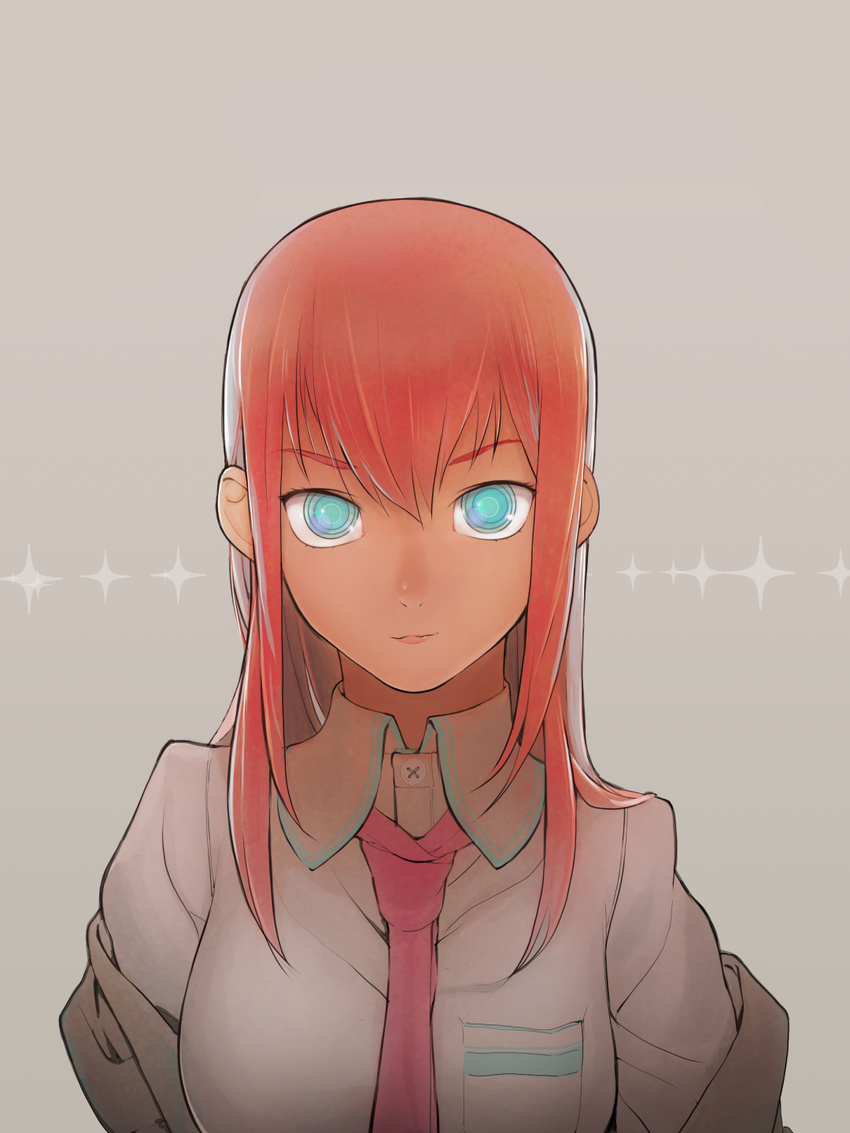 aqua_eyes bad_id bad_pixiv_id fronttire grey_background highres jacket long_hair looking_at_viewer makise_kurisu necktie red_hair shirt simple_background smile solo steins;gate