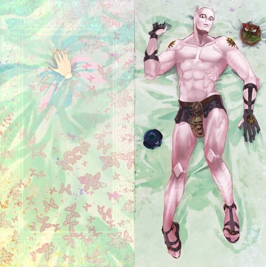 animal_ears animal_print bed_sheet butterfly_print cat_ears dakimakura diamond_wa_kudakenai disembodied_limb flower_pot highres jojo_no_kimyou_na_bouken killer_queen lying muscle nekogusa_(jojo) nikutarou no_humans on_back sandals sheer_heart_attack shirtless slit_pupils stand_(jojo)