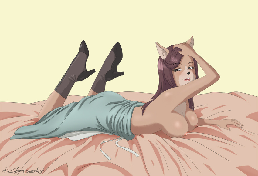 2015 alien anthro arthricia big_breasts breasts brown_eyes brown_hair clothed clothing feline female hair half-dressed katzueki long_hair looking_at_viewer mammal nipples rick_and_morty solo topless