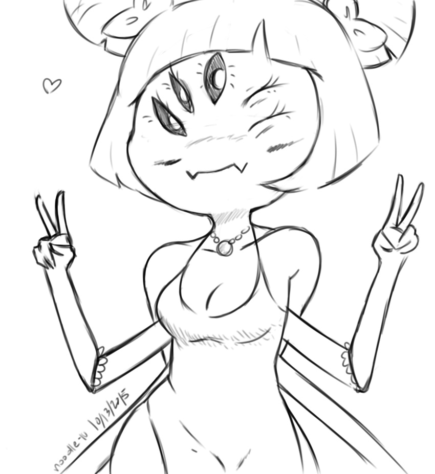 &lt;3 2015 anthro arachnid arthropod black_and_white black_sclera blush cleavage clothed clothing dress english_text female hair_bow monochrome muffet multi_limb multiple_eyes necklace noodle-lu one_eye_closed solo spider text undertale v_sign wink