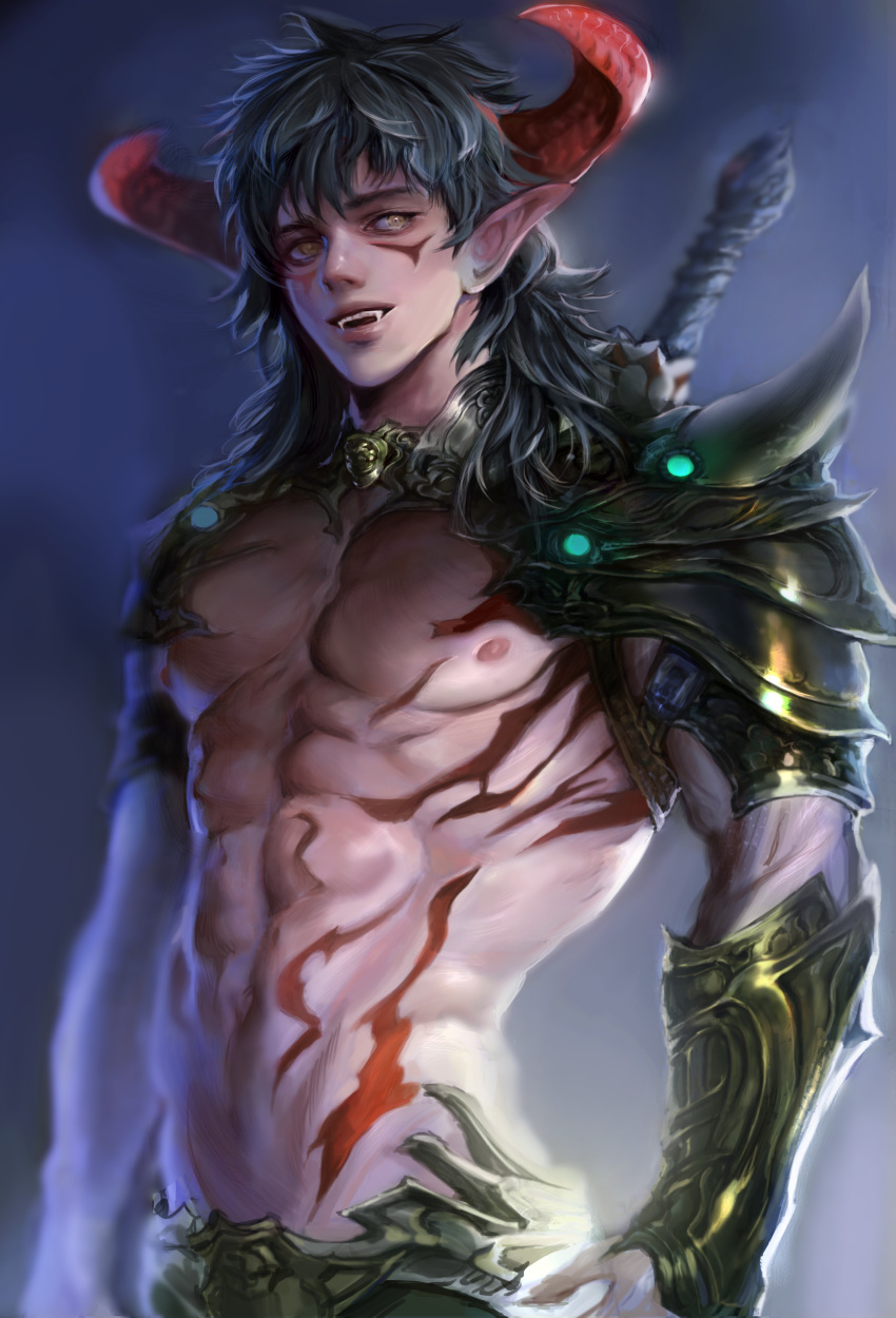 1boy abs absurdres armor black_hair blue_background blurry blurry_background bracer brown_eyes demon_horns facial_tattoo fangs fantasy highres horns long_hair male_focus mucuzi nipples open_mouth shirtless sword tattoo upper_body weapon