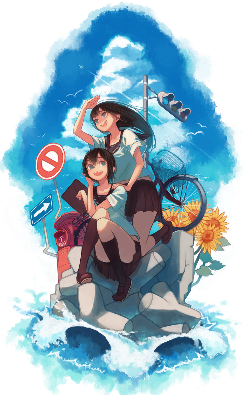 :d bangs bicycle bicycle_basket bird black_hair black_legwear black_skirt blouse blue_eyes blue_sky brown_footwear chin_rest cloud condensation_trail day flower ground_vehicle hand_on_another's_shoulder highres japanese_cylindrical_postbox japanese_postal_mark kneehighs kneeling knees_together_feet_apart loafers long_hair looking_away looking_up midriff miniskirt multiple_girls open_mouth original outdoors pleated_skirt post postbox_(outgoing_mail) road_sign school_briefcase school_uniform serafuku shading_eyes shoes short_hair short_sleeves sign sitting skirt sky sleeves_folded_up smile summer sunflower tetrapod traffic_light water waves white_blouse wind window1228