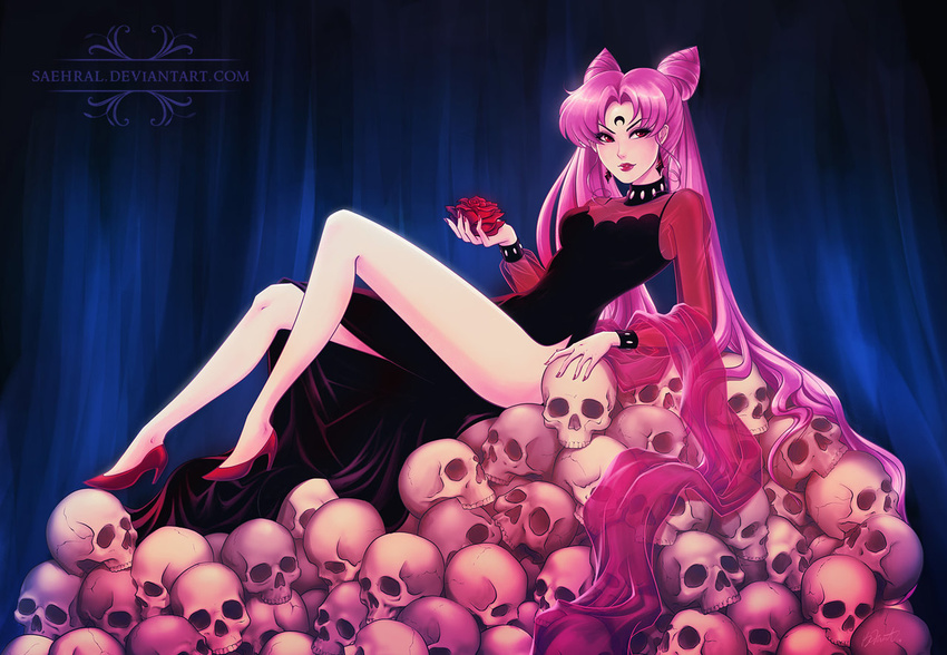 bishoujo_senshi_sailor_moon black_lady brittany_fuerst chibi_usa crescent crystal_earrings double_bun earrings facial_mark flower forehead_mark full_body high_heels jewelry lipstick long_hair makeup nail_polish pink_hair pink_lipstick pumps red_eyes rose see-through skull solo twintails very_long_hair watermark web_address