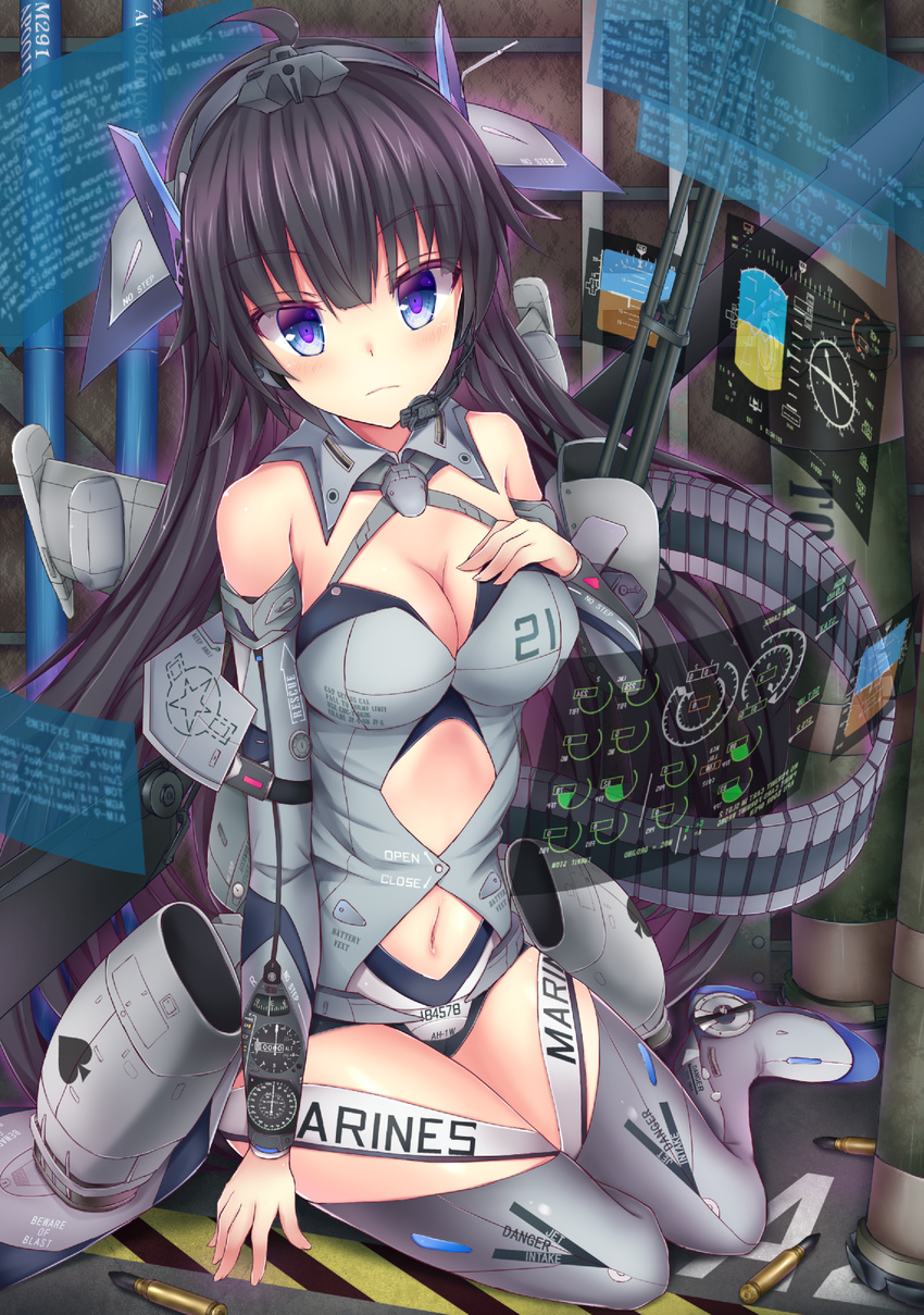 ah-1_cobra ahoge bad_id bad_pixiv_id black_hair blue_eyes boots breasts bullet cleavage collar commentary_request detached_sleeves expressionless grey_footwear hand_on_own_chest headset highres large_breasts long_hair looking_at_viewer mecha_musume navel original personification shell_casing sitting solo spade_(shape) tf_(tfx2) thigh_boots thighhighs very_long_hair yokozuwari