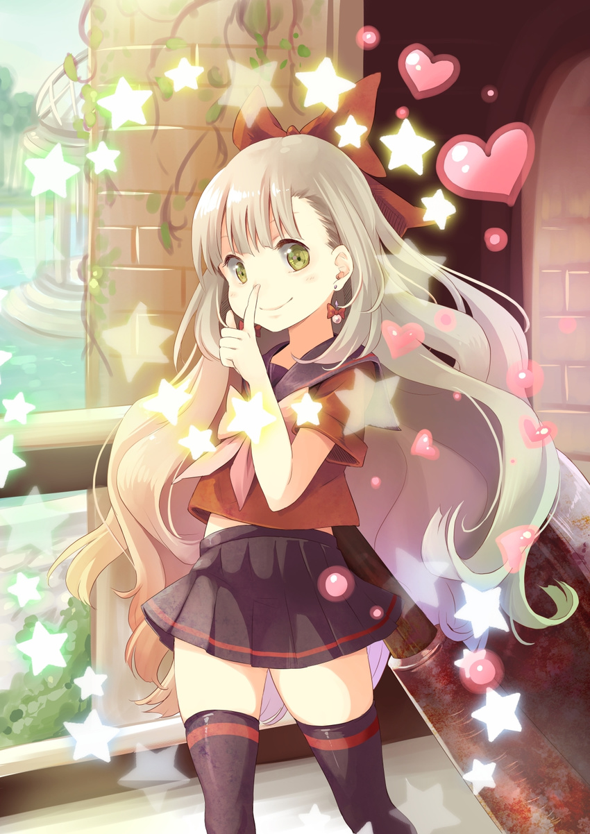 axe bangs black_legwear black_skirt blonde_hair blood bloody_weapon blush bow building closed_mouth cowboy_shot earrings finger_to_mouth green_hair grey_hair hair_bow heart highres hpflower huge_weapon index_finger_raised jewelry light_brown_hair long_hair looking_at_viewer mayu_(vocaloid) miniskirt multicolored_hair oversized_object plant pleated_skirt purple_hair red_bow red_shirt sailor_collar shirt short_sleeves shushing skirt smile solo star thighhighs very_long_hair vines vocaloid walking weapon yellow_eyes zettai_ryouiki