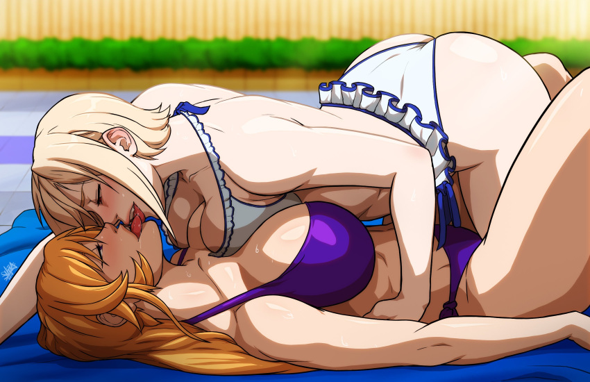 2girls ass between_breasts bikini blonde_hair blush breast_press breasts commission cousins french_kiss frilled_bikini frills girl_on_top half-closed_eyes highres huge_breasts incest kiss looking_at_another lying multiple_girls naavs nakiri_alice nakiri_erina on_back orange_hair purple_bikini purple_eyes red_eyes saliva shokugeki_no_souma sweat swimsuit symmetrical_docking tile_floor tiles tongue tongue_out white_bikini yuri