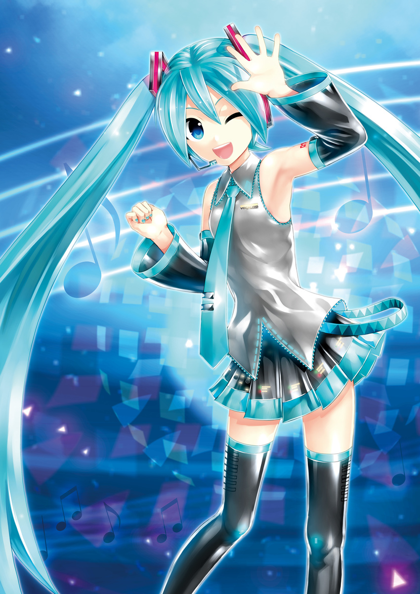 absurdres aqua_eyes aqua_hair armpits beamed_eighth_notes detached_sleeves eighth_note hatsune_miku headset highres kei_(keigarou) long_hair musical_note nail_polish necktie official_art one_eye_closed project_diva_(series) project_diva_x quarter_note skirt smile solo thighhighs twintails very_long_hair vocaloid zettai_ryouiki