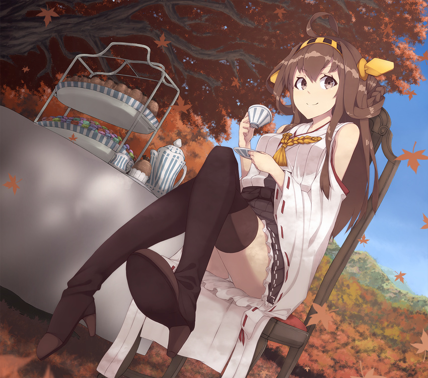 ahoge autumn autumn_leaves bangs bare_shoulders black_skirt blue_sky boots breasts brown_eyes brown_hair chair coffee_pot crossed_legs cup cupcake day detached_sleeves dutch_angle food from_below full_body hair_ornament hairband headgear high_heel_boots high_heels highres holding holding_cup kantai_collection kongou_(kantai_collection) leaf long_hair long_sleeves looking_at_viewer medium_breasts miniskirt mku nontraditional_miko outdoors panties panty_peek ribbon-trimmed_sleeves ribbon_trim saucer shoe_soles sitting skirt sky smile solo sweets table tablecloth tea_set teacup thigh_boots thighhighs tiered_tray tree underwear wide_sleeves
