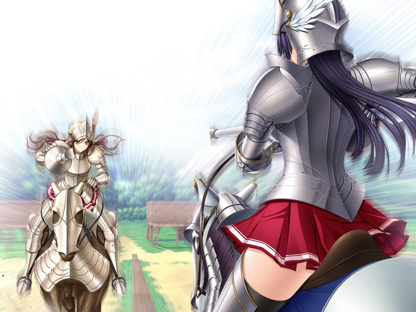 armor armored_boots black_hair boots brown_hair character_request game_cg gauntlets green_eyes grey_footwear helmet holding holding_weapon horse lance long_hair metal_boots multiple_girls polearm ryuuzouji_akane shoulder_armor skirt spaulders thigh_boots thighhighs walkure_romanze weapon zettai_ryouiki