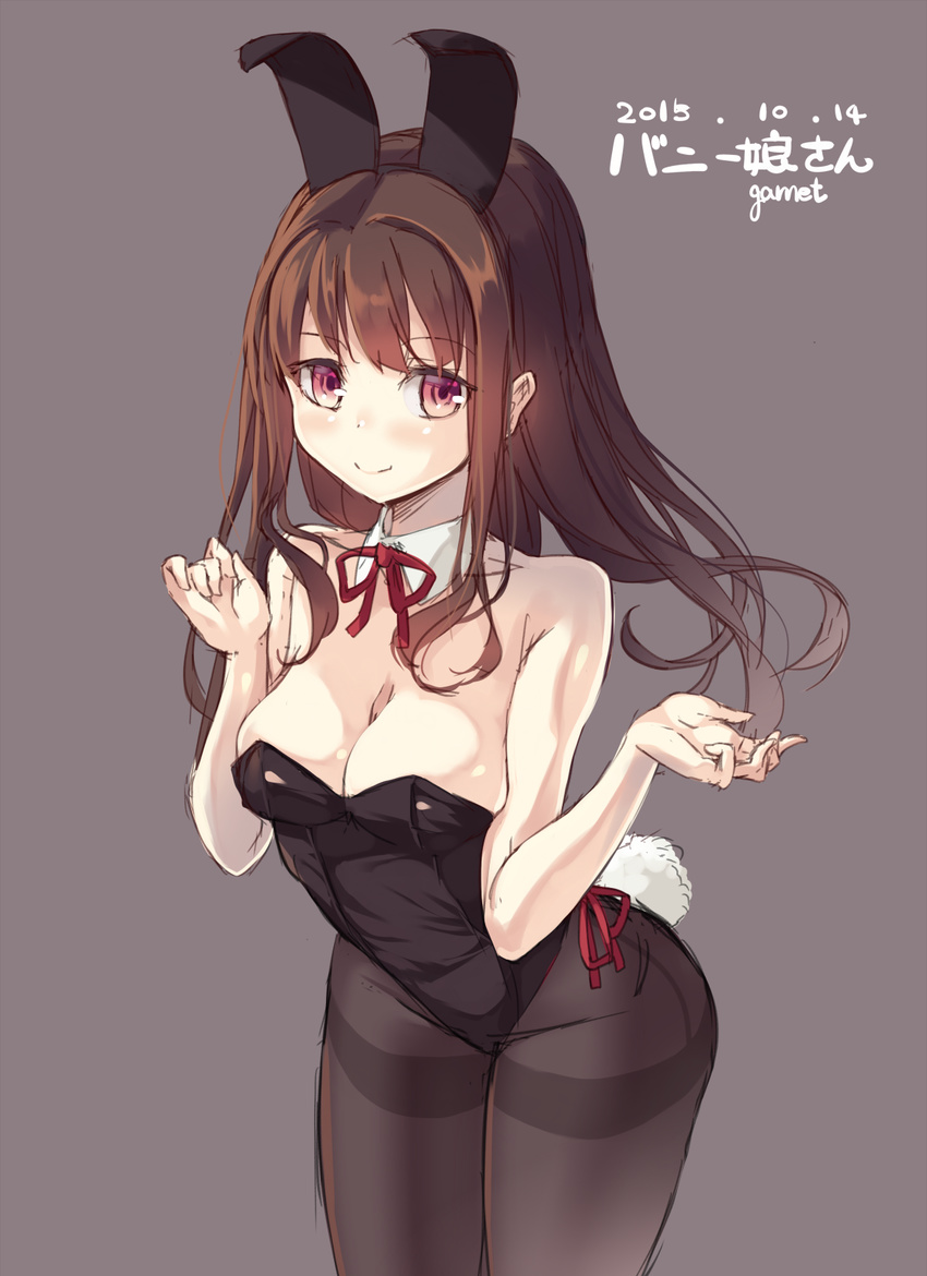 animal_ears breasts brown_hair bunny_ears bunny_tail bunnysuit cleavage dated garnet highres long_hair medium_breasts original pantyhose red_eyes sketch smile solo tail thighband_pantyhose