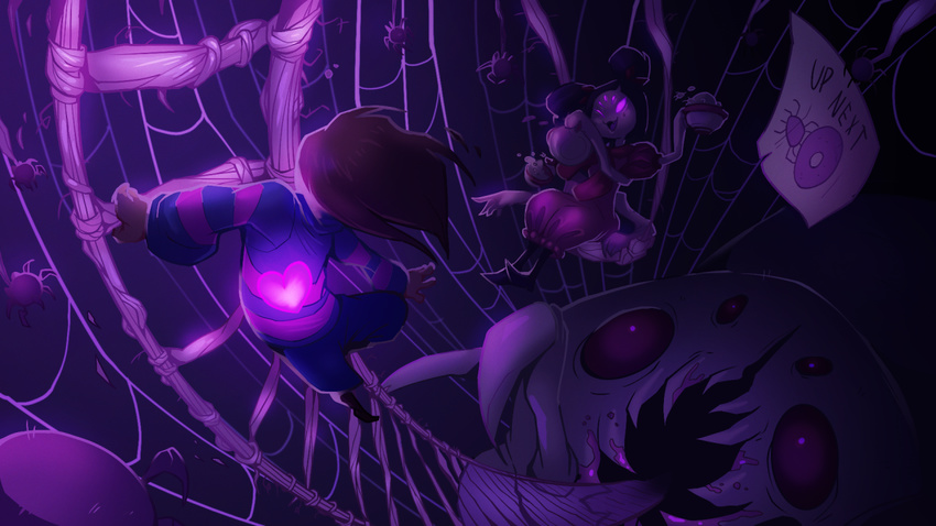 1girl androgynous black_hair brown_hair cup english extra_eyes fangs frisk_(undertale) gameplay_mechanics glowing glowing_eyes heart insect_girl ladder long_sleeves monster monster_girl muffet muffet's_pet multiple_arms open_mouth palidoozy-art paper pink_eyes purple_eyes shirt short_twintails silk spider spider_girl spider_web striped striped_shirt striped_sweater sweater teacup teapot teeth twintails undertale