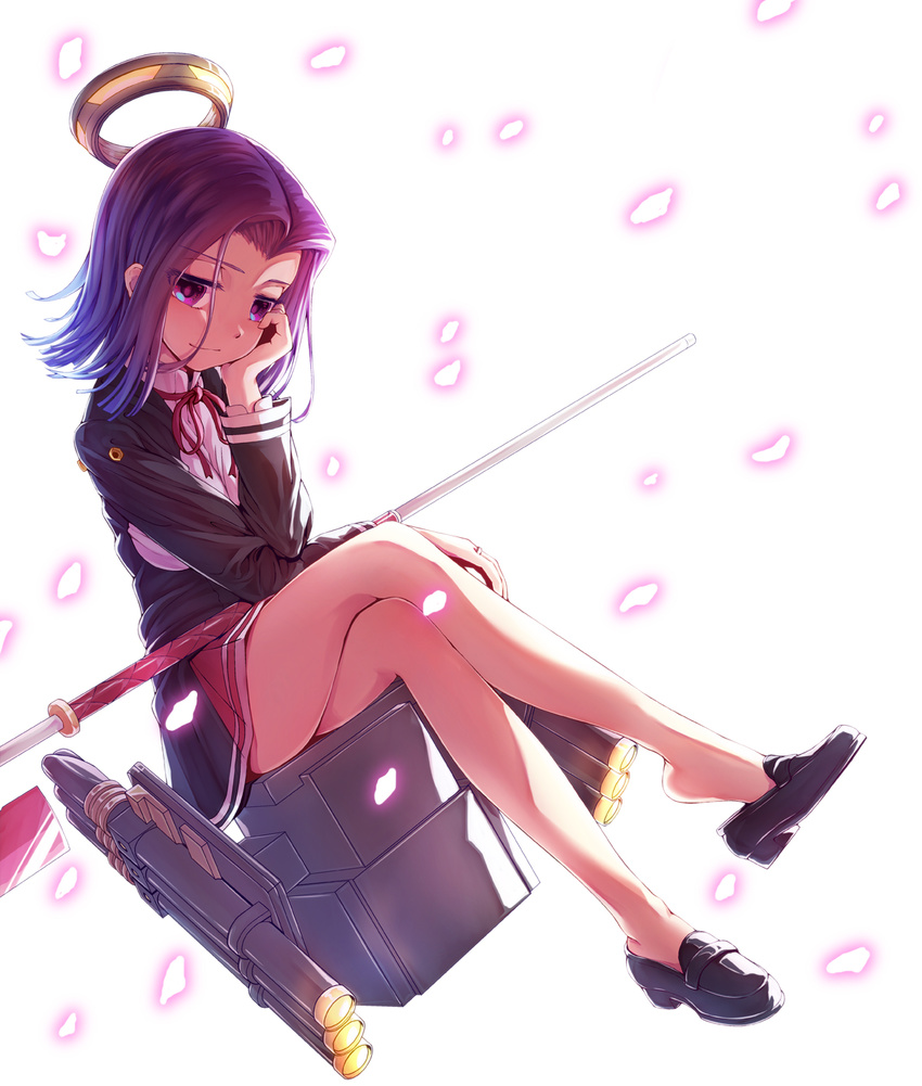 backlighting cherry_blossoms chin_rest crossed_legs full_body glaive highres kantai_collection legs light_smile loafers long_legs long_sleeves looking_at_viewer mecha_musume mechanical_halo miniskirt mocha_(snowflake) no_socks petals pleated_skirt purple_eyes purple_hair school_uniform shoe_dangle shoes short_hair simple_background sitting skirt solo tatsuta_(kantai_collection) white_background