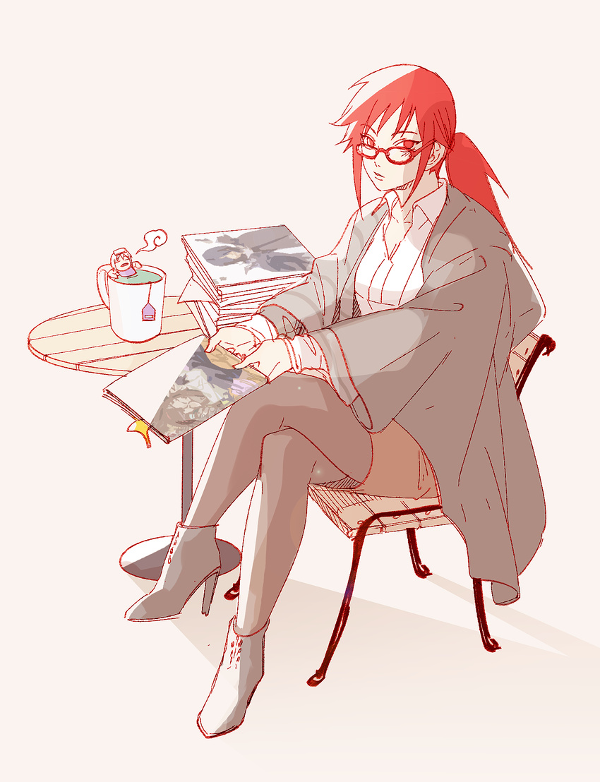 1girl bad_id bad_pixiv_id boruto:_naruto_next_generations cup glasses highres hoozuki_suigetsu karin_(naruto) long_hair miniboy mug naruto naruto_(series) noeunjung93 pale_color pantyhose red_eyes red_hair uchiha_sasuke white_hair