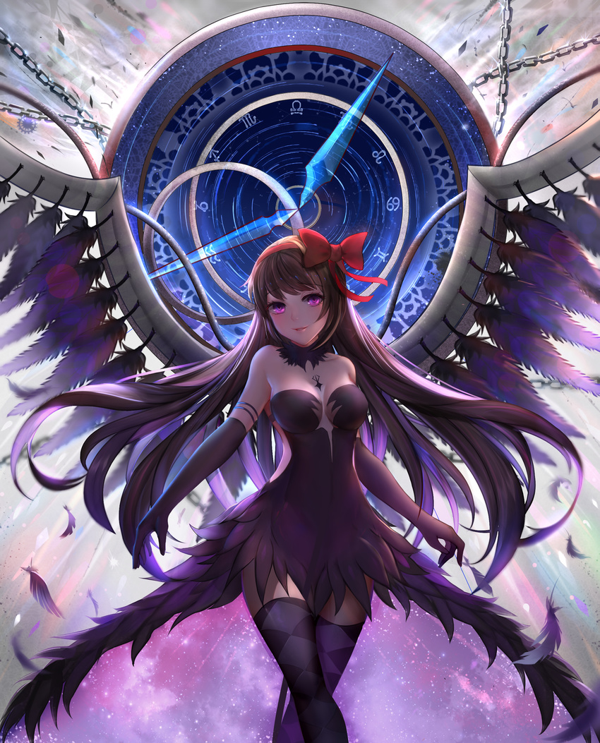 absurdres akemi_homura akuma_homura argyle argyle_legwear bangs bare_shoulders black_dress black_gloves black_hair bow breasts choker collarbone cowboy_shot dress elbow_gloves feathered_wings feathers gloves hair_bow highres light_smile long_hair looking_at_viewer mahou_shoujo_madoka_magica mahou_shoujo_madoka_magica_movie medium_breasts parted_lips purple_eyes solo spoilers thighhighs wings yuuko_(renhaowei2010) zodiac