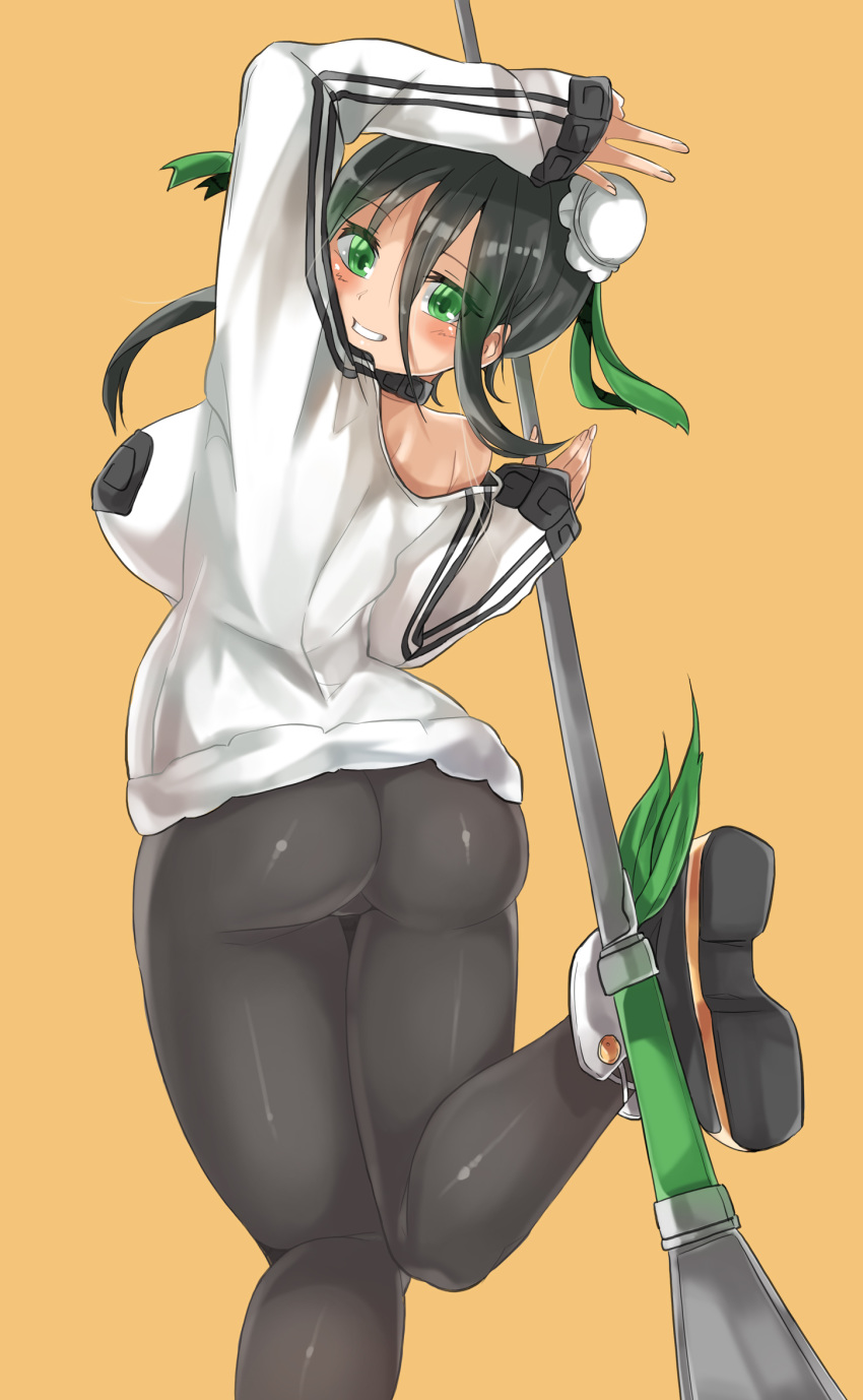 a_re ass black_hair bodysuit boots breasts bun_cover chinese_clothes double_bun fate/grand_order fate_(series) fingerless_gloves gloves green_eyes grin highres jacket large_breasts looking_at_viewer ninja pants polearm qin_liangyu_(fate) shiny shiny_clothes shiny_hair short_hair sideboob skin_tight smile solo spear standing tight tight_pants weapon
