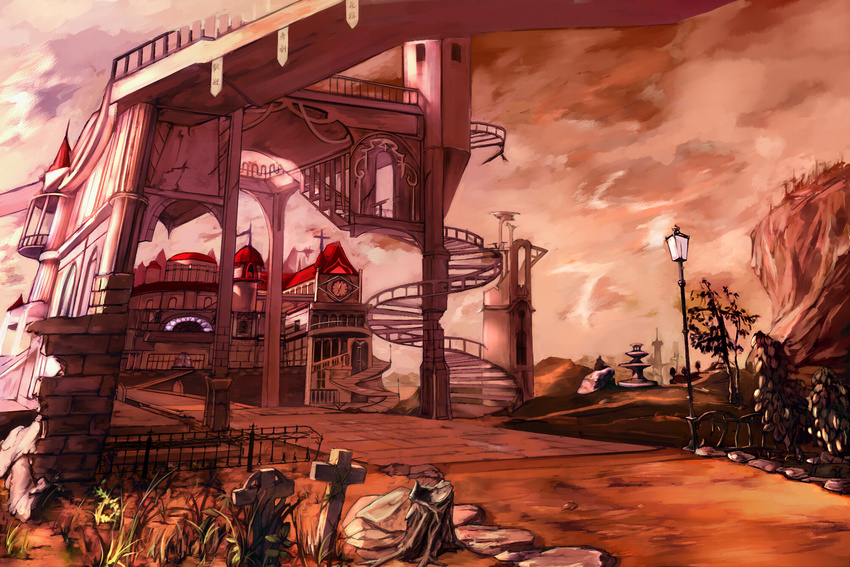 balcony cliff clock clock_tower cloud cross evening fence fountain grass highres lamppost mountain no_humans orange_sky overpass path pavement polskash road scarlet_devil_mansion scenery sky spiral_staircase stairs stone stone_walkway sunset touhou tower tree